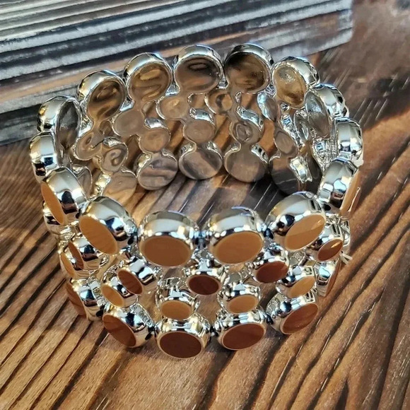 Retro Mid Century Modern Style Wide Acrylic Stretch Bracelet Brown Silver - Picture 5 of 8